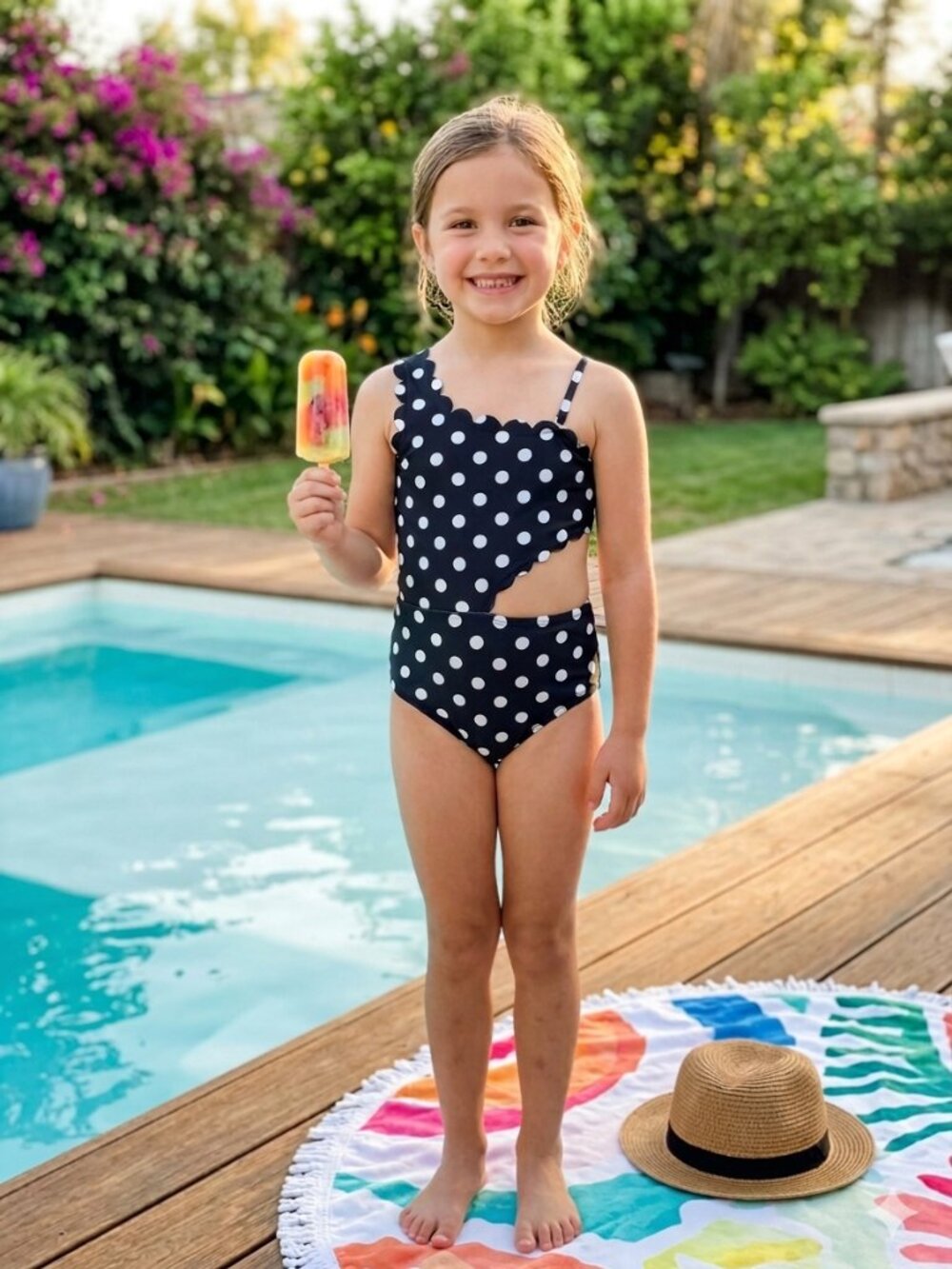 NWT Hermoza Black and White Polka Dot Girls One-Piece Swimsuit Sz 6